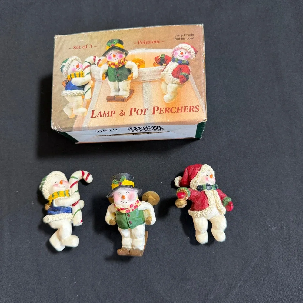 Snowman‎ Lamp & Pot Perchers Vintage Set of 3 Polystone Christmas Decor 6510